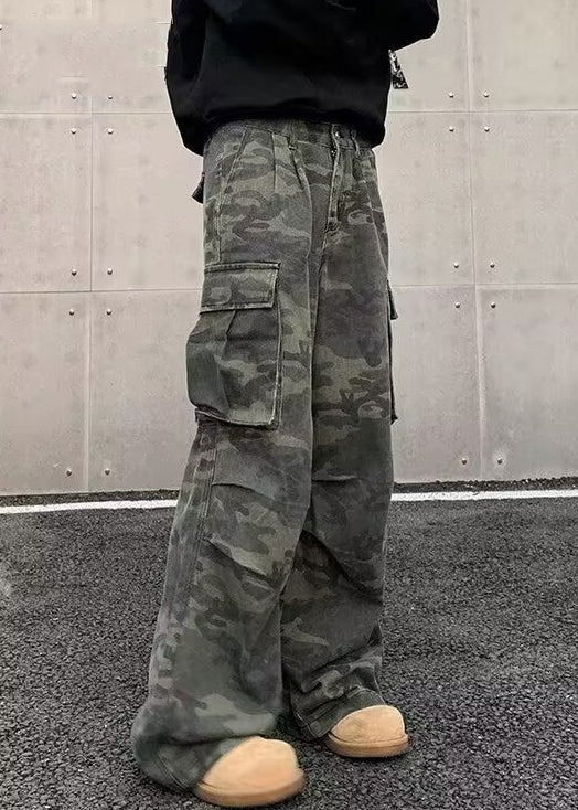 Camouflage Pockets High Waist Cotton Pants Spring