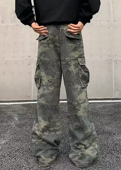 Camouflage Pockets High Waist Cotton Pants Spring