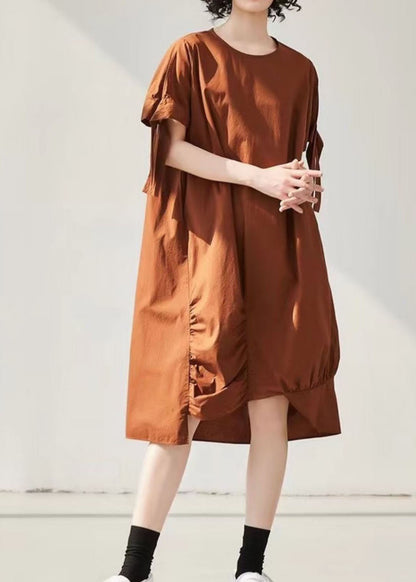 Caramel Asymmetrical Wrinkled Cotton Holiday Dress Short Sleeve