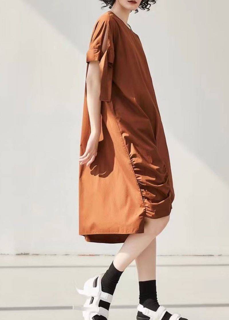 Caramel Asymmetrical Wrinkled Cotton Holiday Dress Short Sleeve