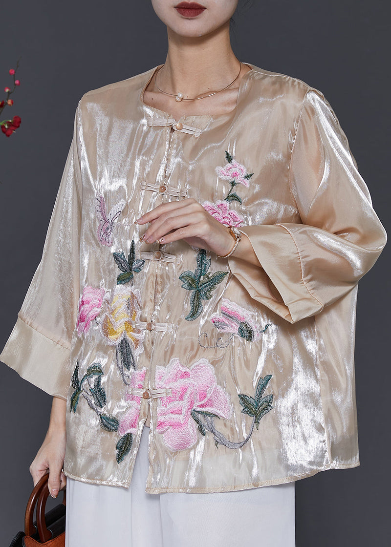 Champagne Embroidered Linen Silk Shirt Spring