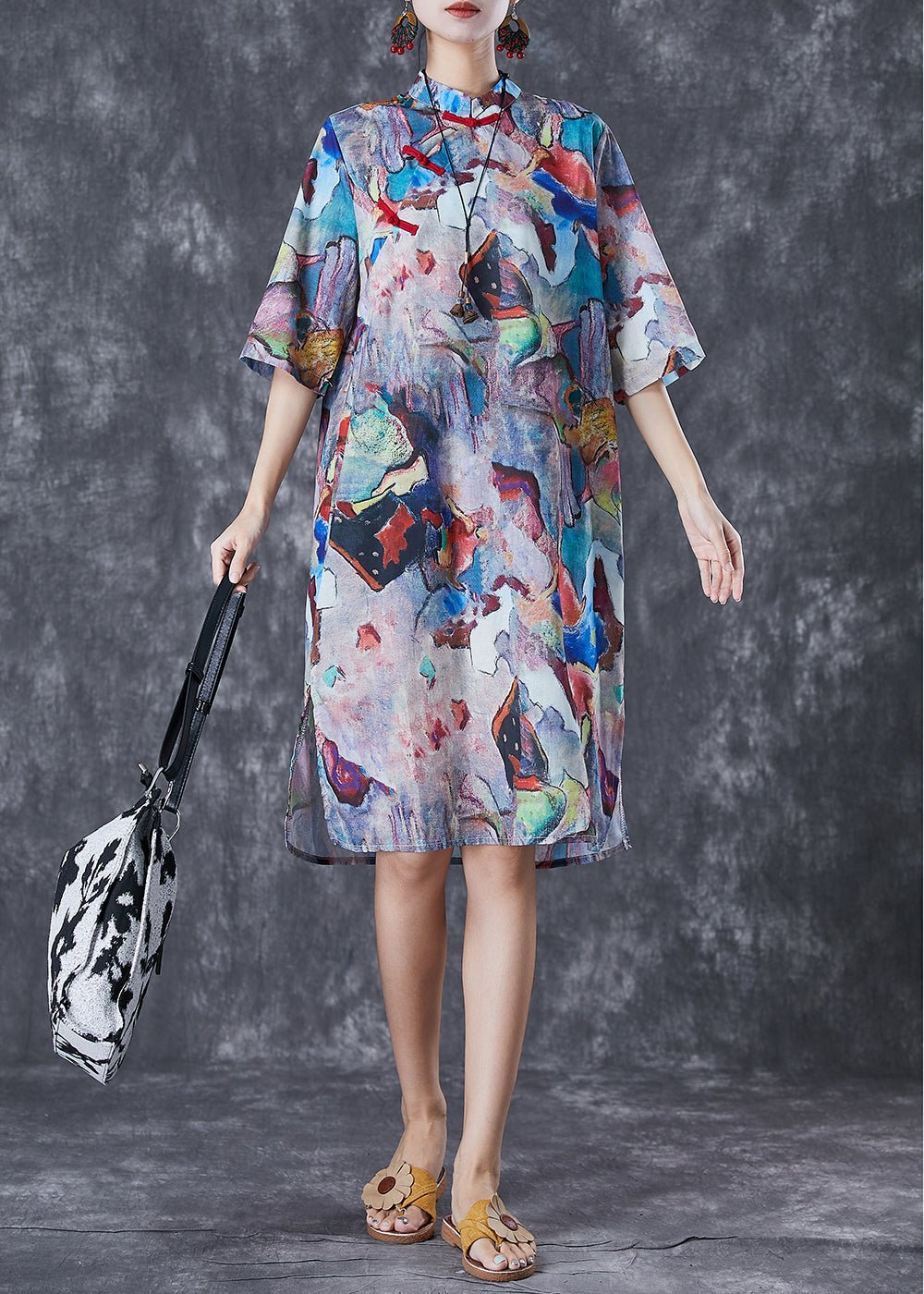 Character Print Chinese Button Linen Cheongsam Dresses Summer