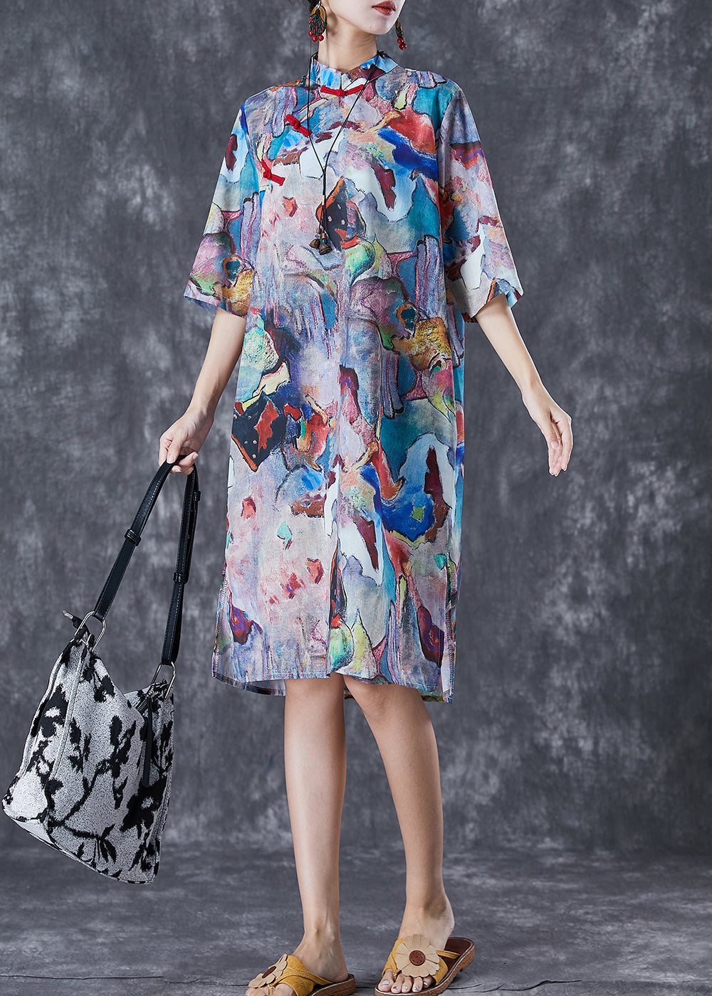 Character Print Chinese Button Linen Cheongsam Dresses Summer