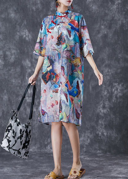 Character Print Chinese Button Linen Cheongsam Dresses Summer