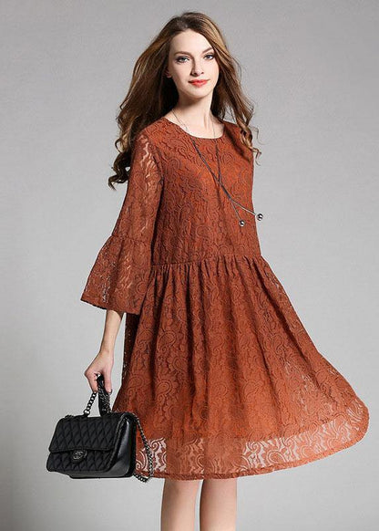 Chocolate Hollow Out Embroideried Patchwork Spring Three Quarter Sleeve Spring Dresses