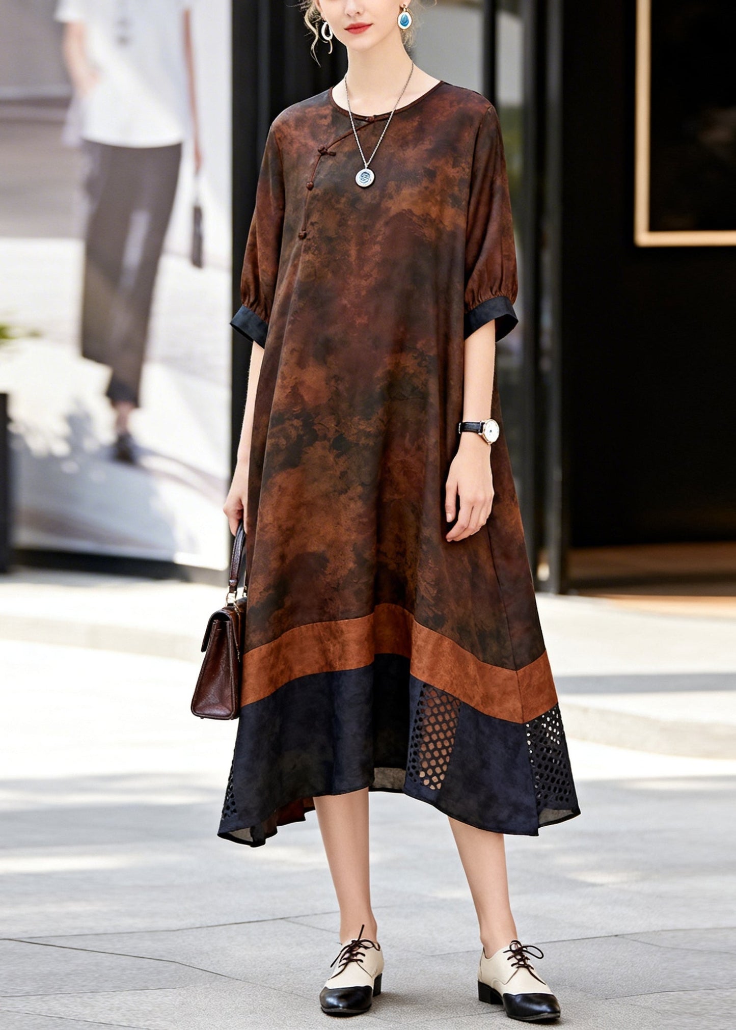 Chocolate Print Patchwork Hollow Out Cotton Dress Summer
