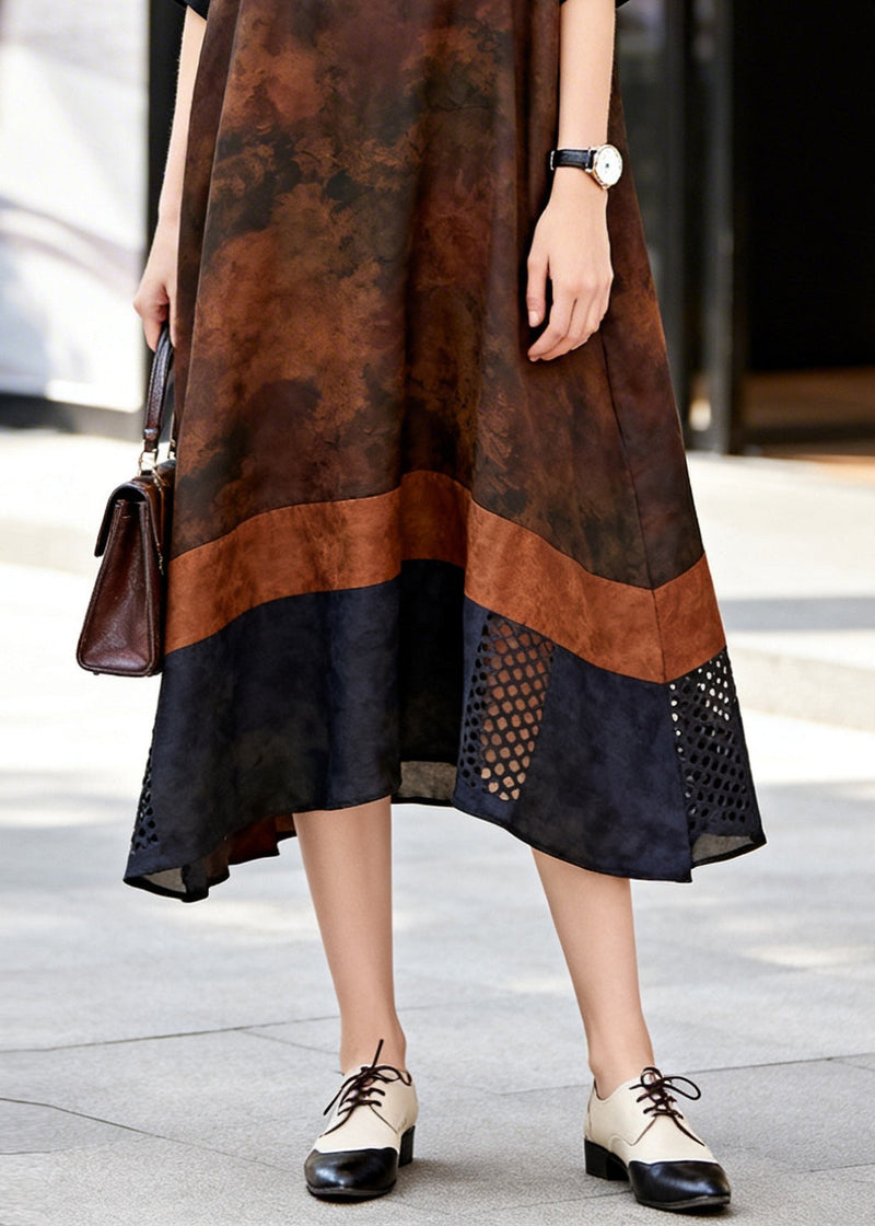 Chocolate Print Patchwork Hollow Out Cotton Dress Summer