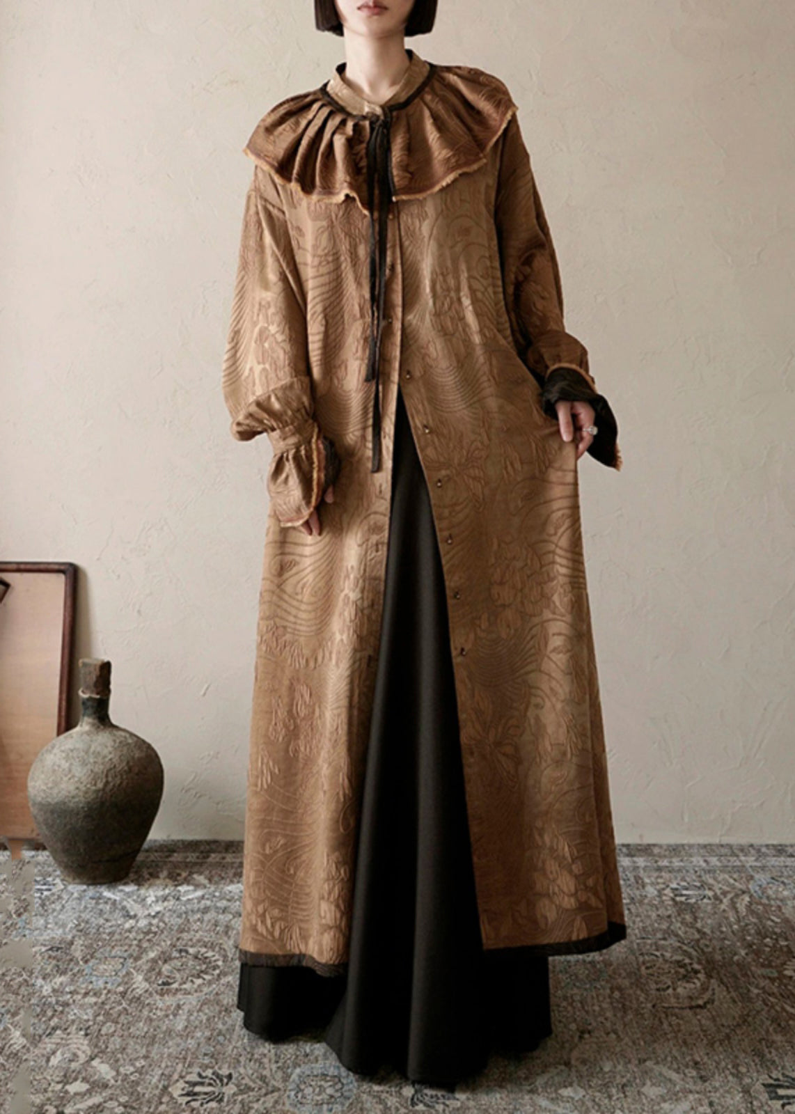 Chocolate Ruffled Print Patchwork Silk Long Dress Fall