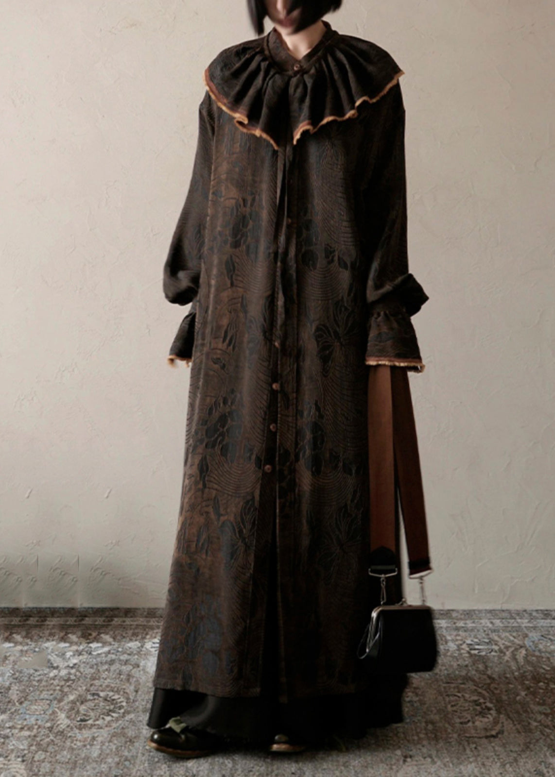 Chocolate Ruffled Print Patchwork Silk Long Dress Fall