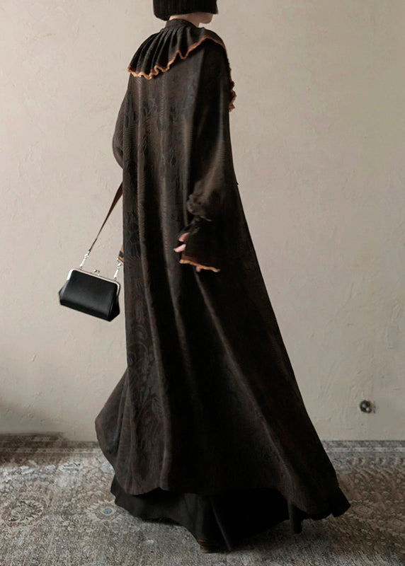 Chocolate Ruffled Print Patchwork Silk Long Dress Fall