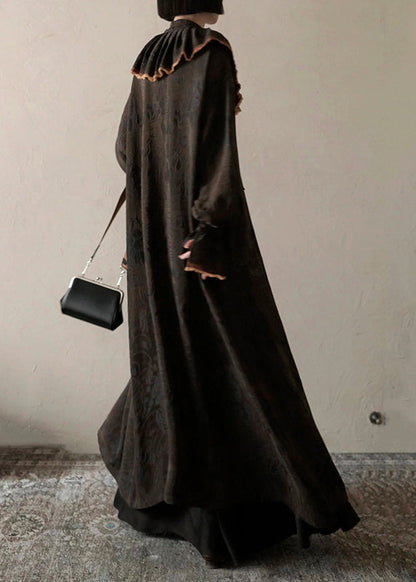 Chocolate Ruffled Print Patchwork Silk Long Dress Fall