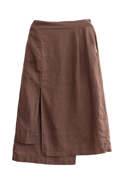 Chocolate Asymmetrical Side Open Linen Skirts Fall