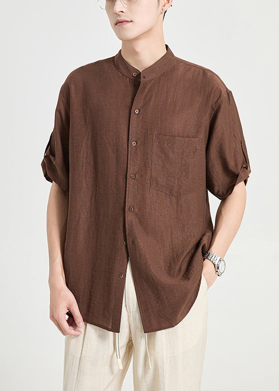 Coffee Button Pockets Cotton Shirt Summer