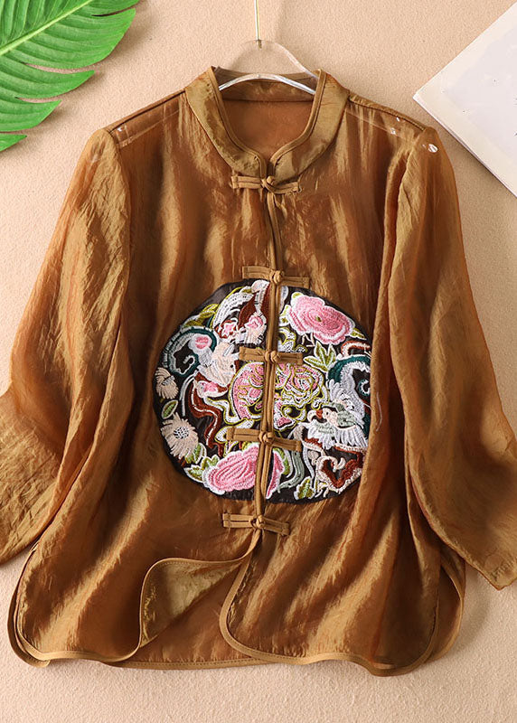 Coffee Chinese Button Embroideried Tulle Blouses Long Sleeve