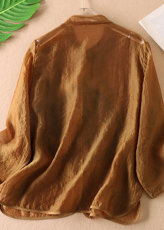 Coffee Chinese Button Embroideried Tulle Blouses Long Sleeve