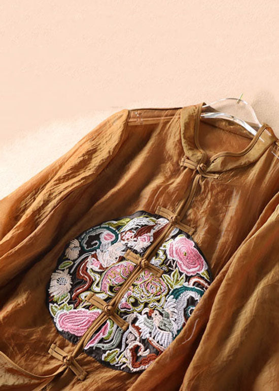 Coffee Chinese Button Embroideried Tulle Blouses Long Sleeve