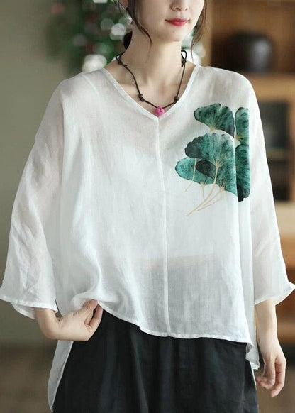 Coffee Green V Neck Print Patchwork Linen Shirts Half Sleeve