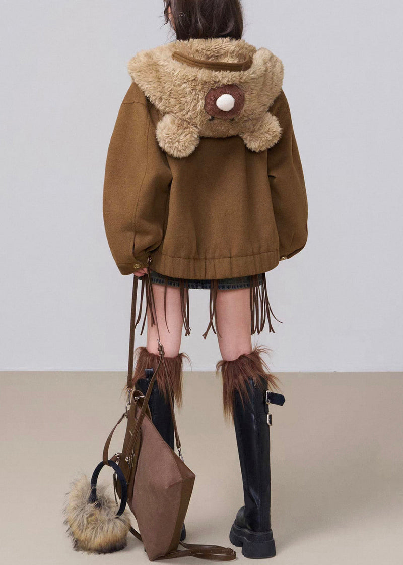 Coffee Hooded Fluffy Patchwork Cotton Filled Parkas Winter