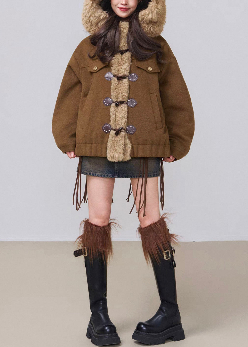 Coffee Hooded Fluffy Patchwork Cotton Filled Parkas Winter