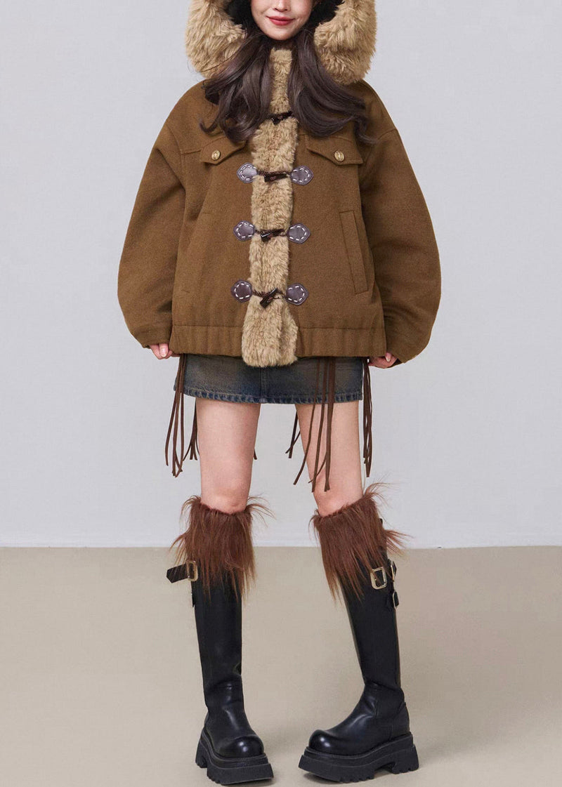 Coffee Hooded Fluffy Patchwork Cotton Filled Parkas Winter