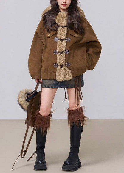 Coffee Hooded Fluffy Patchwork Cotton Filled Parkas Winter