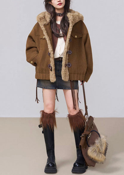 Coffee Hooded Fluffy Patchwork Cotton Filled Parkas Winter