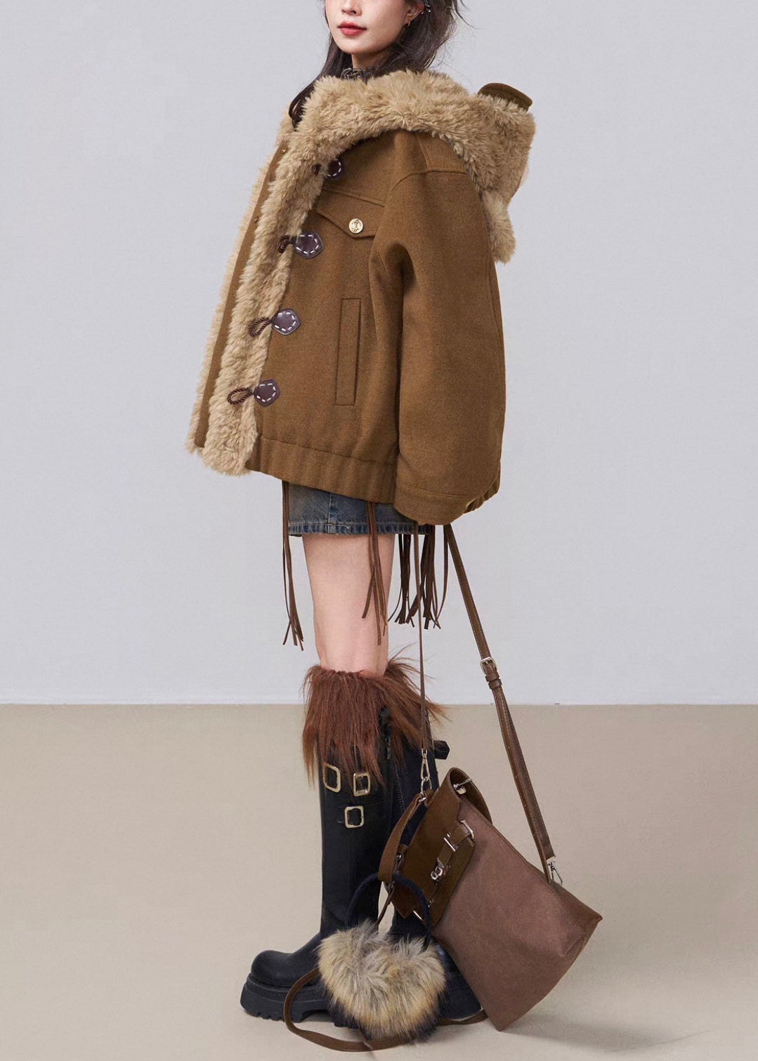 Coffee Hooded Fluffy Patchwork Cotton Filled Parkas Winter