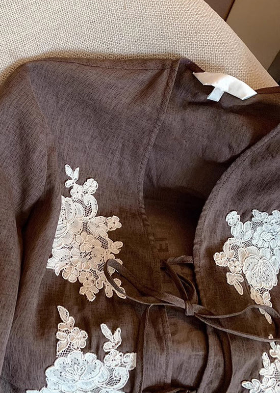 Coffee Lace Embroidered Lace Up Cotton Blouses Fall