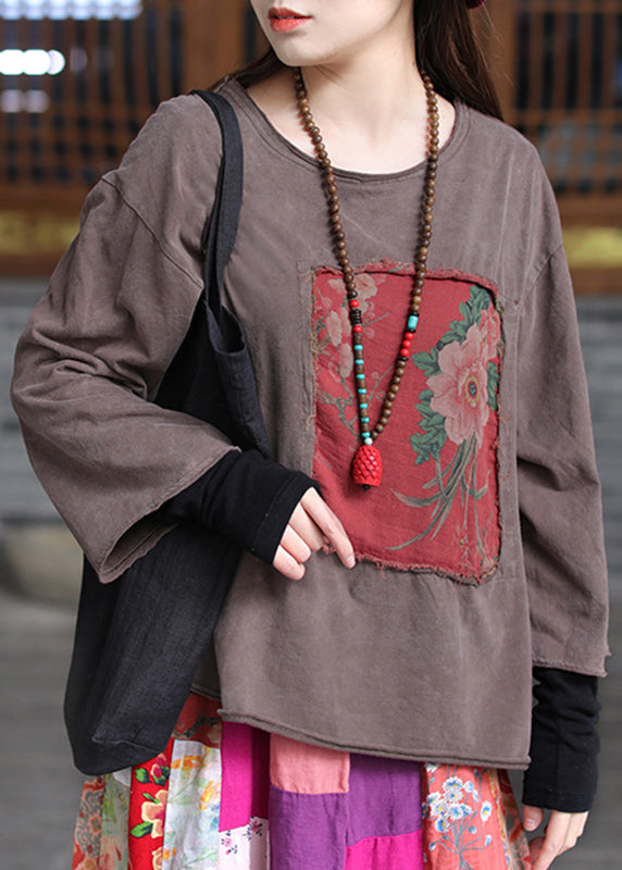 Coffee O-neck Appliques Top Long Sleeve