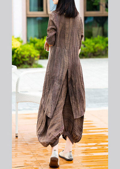 Chocolate O-neck Asymmetrical Linen Top and Lantern Pants Two Pieces Set Summer