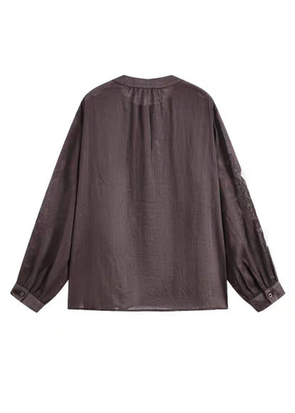 Vintage Coffee O-Neck Button Embroidered Ramie Shirt Spring