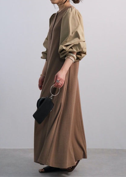 Coffee O Neck Patchwork Cotton Dress Lantern Sleeve