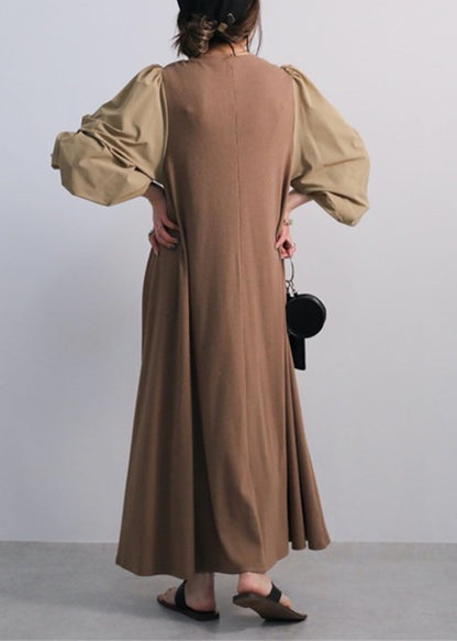 Coffee O Neck Patchwork Cotton Dress Lantern Sleeve