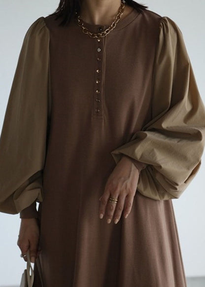 Coffee O Neck Patchwork Cotton Dress Lantern Sleeve