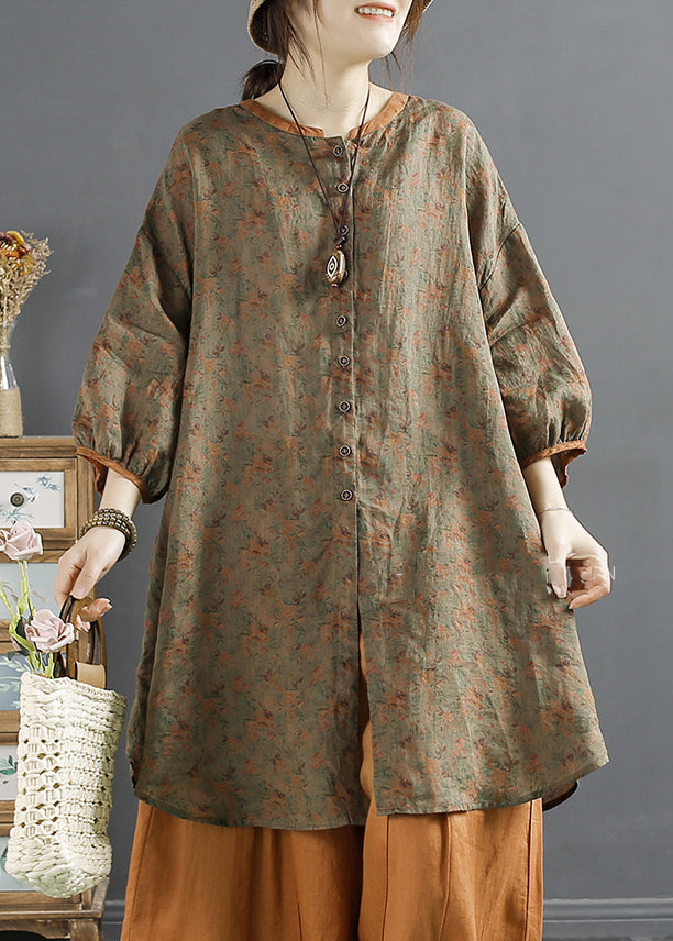 Coffee O-neck Print Button Ramie Top Long Sleeve