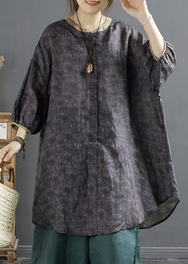 Coffee O-neck Print Button Ramie Top Long Sleeve