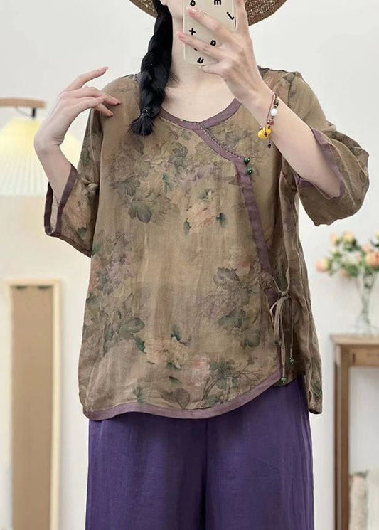 Coffee O Neck Print Lace Up Patchwork Linen Top Summer