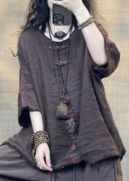 Coffee O Neck Patchwork Linen Shirts Bracelet Sleeve