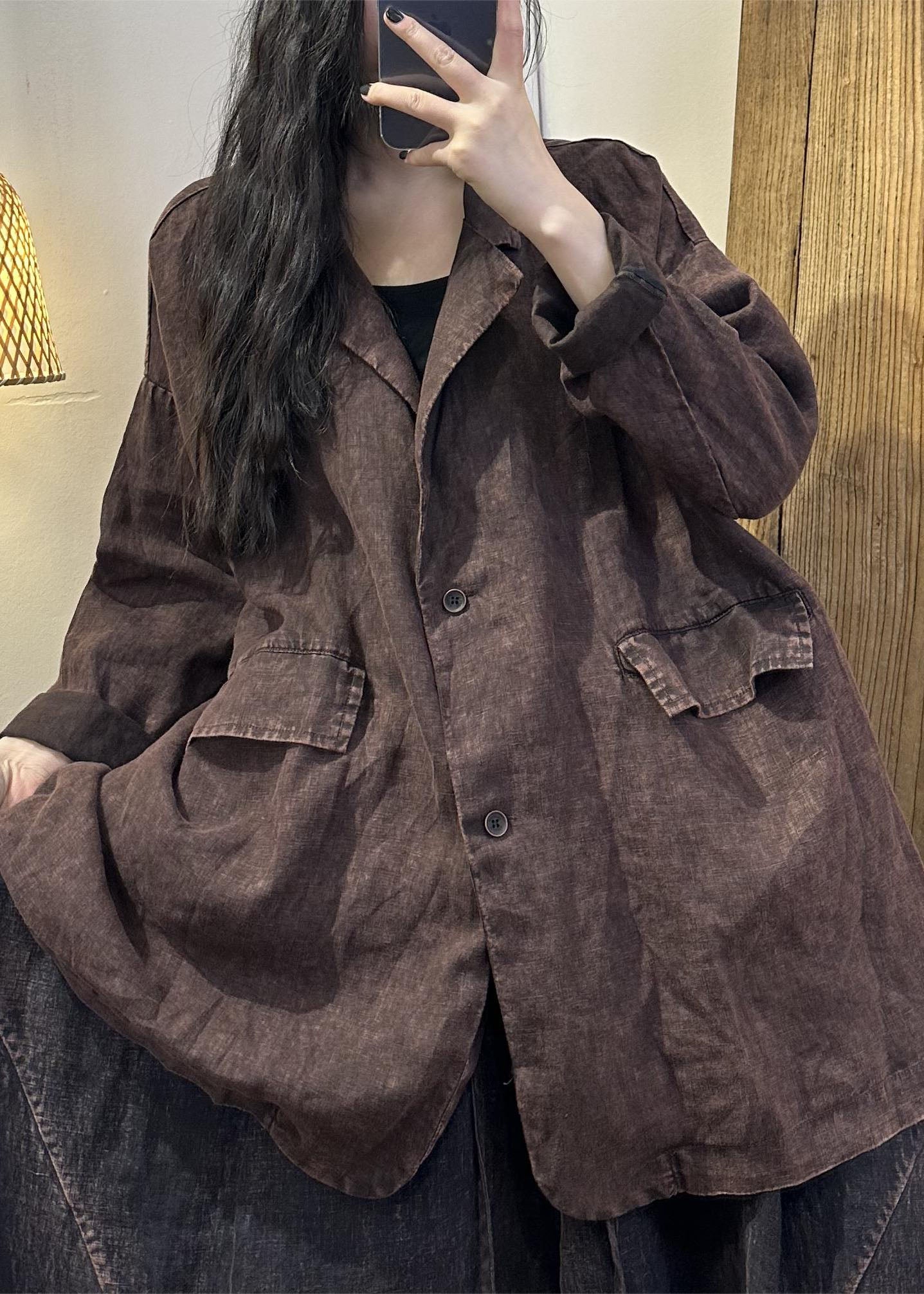Coffee Patchwork Button Linen Coats Long Sleeve