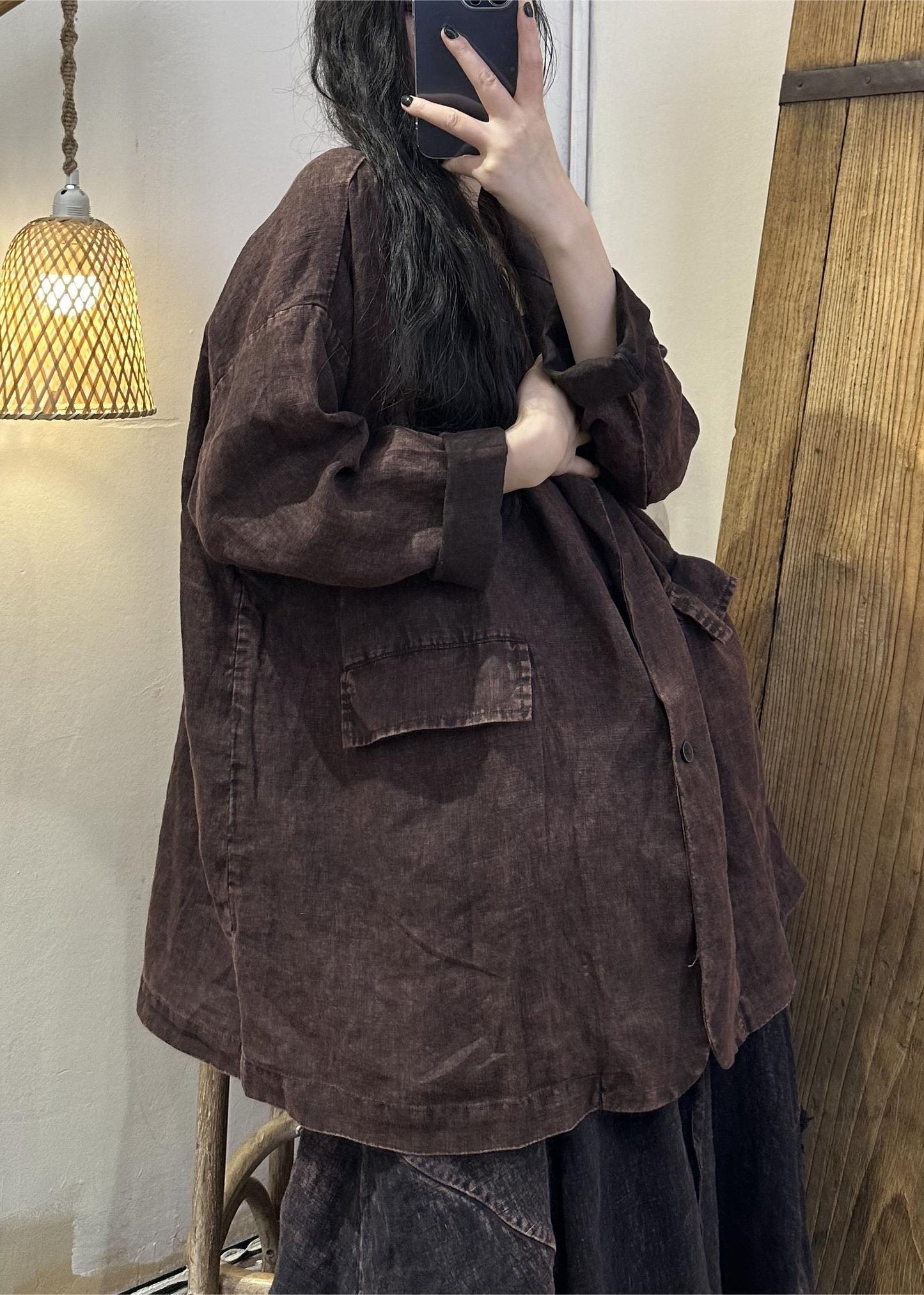 Coffee Patchwork Button Linen Coats Long Sleeve