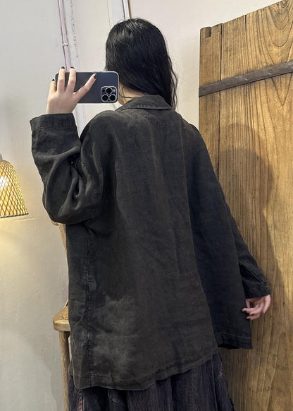 Coffee Patchwork Button Linen Coats Long Sleeve