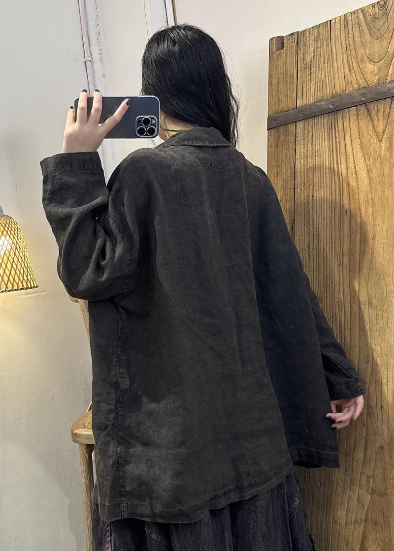Coffee Patchwork Button Linen Coats Long Sleeve