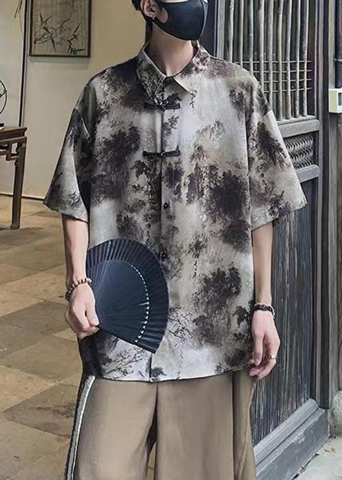 Coffee Peter Pan Collar Tie Dye Ice Silk Shirts Summer