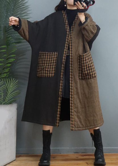 Coffee Plaid Pockets Patchwork Thick Long Coat Fall