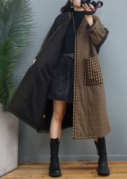 Coffee Plaid Pockets Patchwork Thick Long Coat Fall