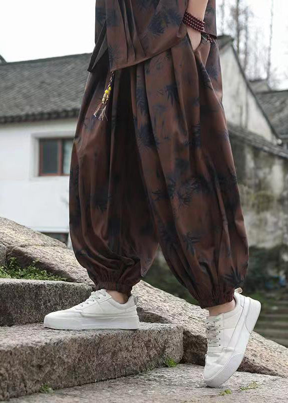 Coffee Pockets Print Elastic Waist Ice Silk Lantern Pants Summer