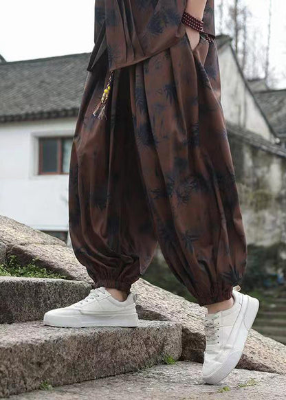 Coffee Pockets Print Elastic Waist Ice Silk Lantern Pants Summer