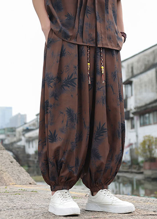 Coffee Pockets Print Elastic Waist Ice Silk Lantern Pants Summer