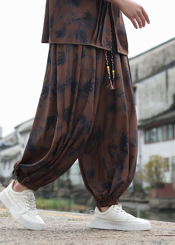Coffee Pockets Print Elastic Waist Ice Silk Lantern Pants Summer