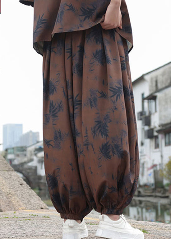 Coffee Pockets Print Elastic Waist Ice Silk Lantern Pants Summer